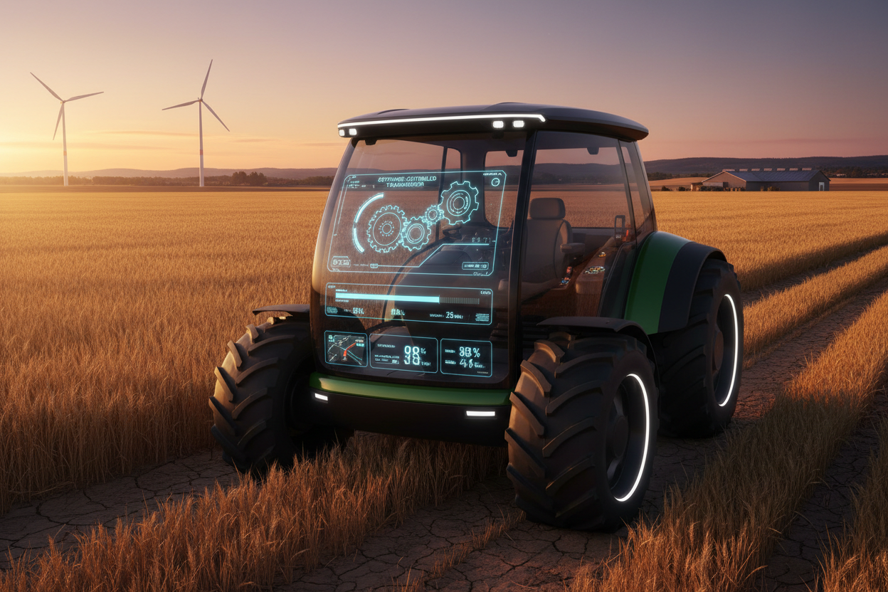 Monarch Software-Defined Transmission Tractor in field with digital dashboard