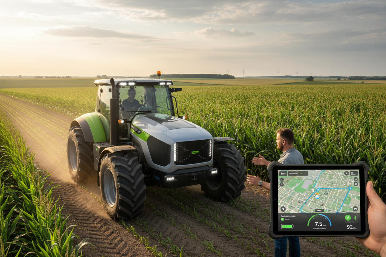 Monarch Tractor being controlled remotely via tablet in a green field